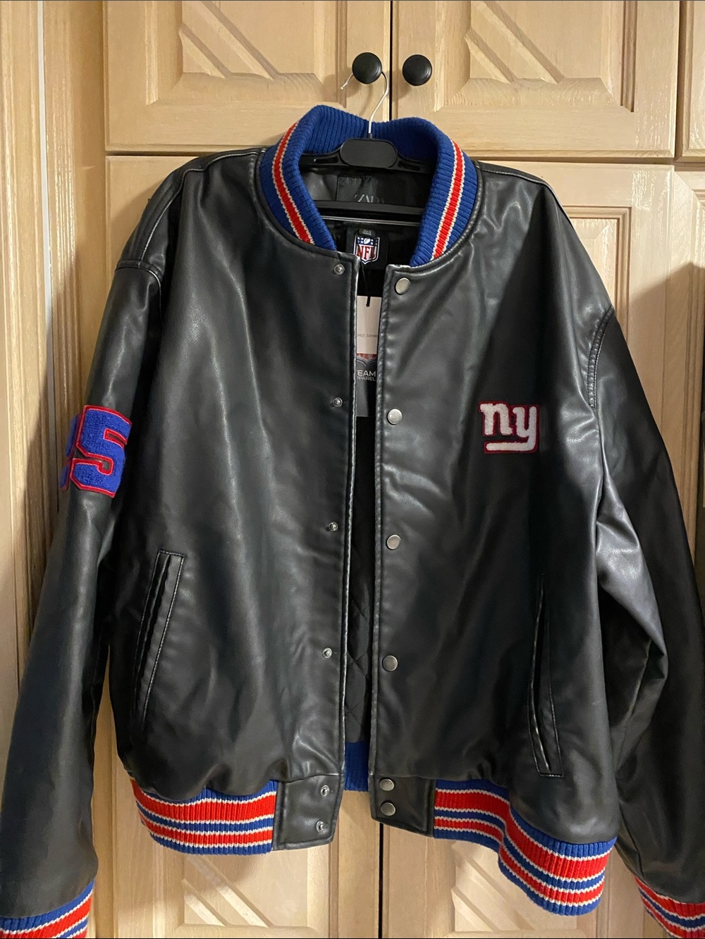 Zara/ NFL Varsity Jacket New York Giant distress- Black with Blue & Red  Large